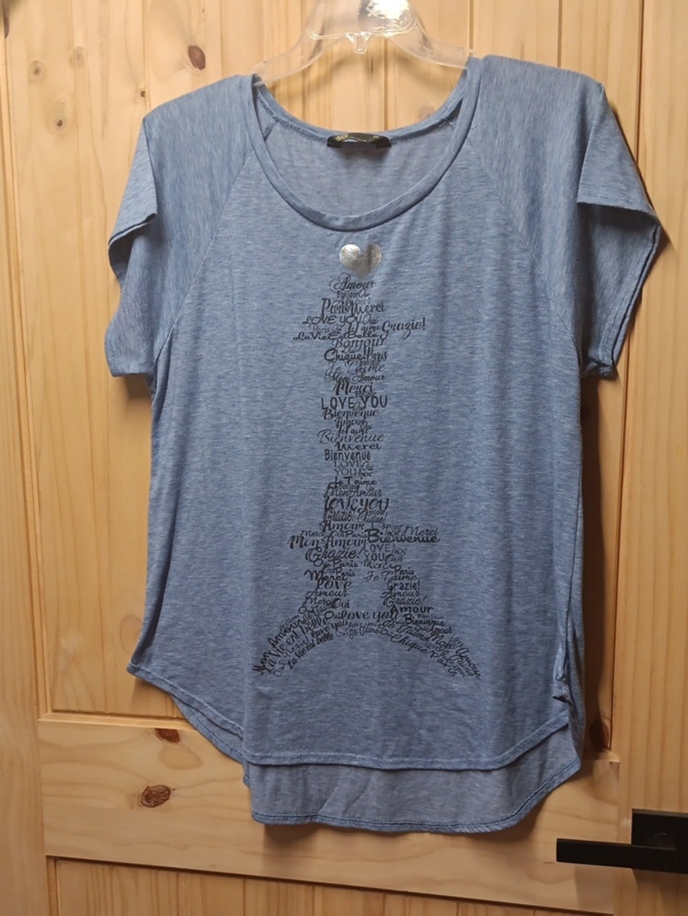 SJS Light Blue Short Sleeve Tee with Eiffel Tower Script EUC